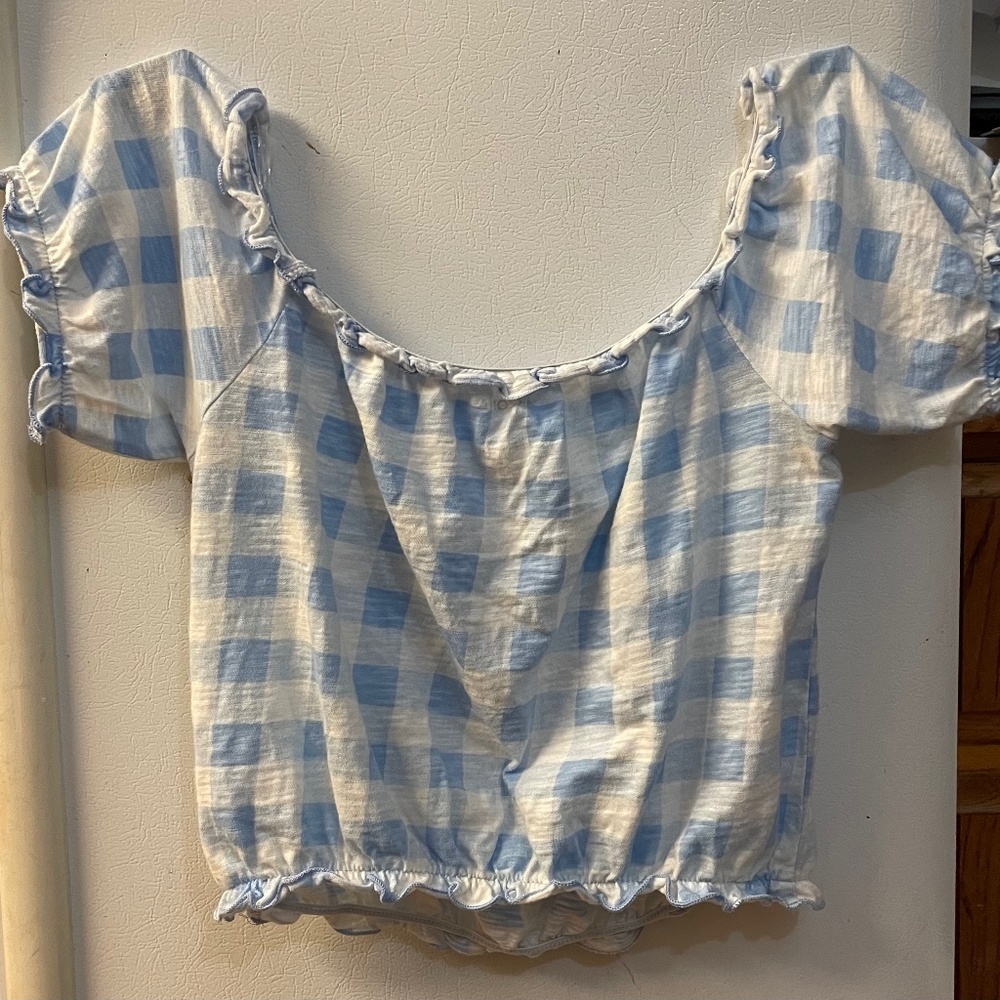 Blue Cropped Ginham Top Ruffled